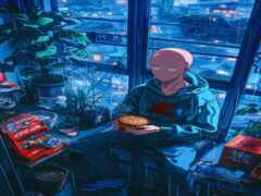 аниме парень сидит на подоконнике ест тарелку еды