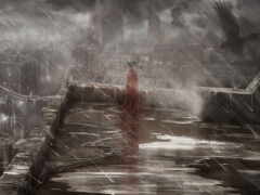 женщина в красном платье стоит под дождем