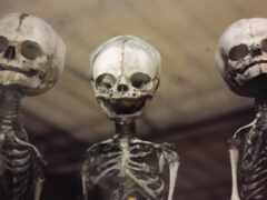 три скелета стоят в ряд с повернутыми головами