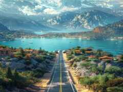 горы и водоем с поездом на нем