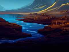 картина реки, протекающей через долину с горами на заднем плане