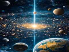 вид планет и солнца в галактике со звездами