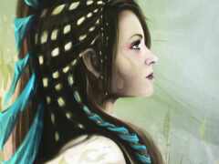 картина женщины с перьевым головным убором и синим шарфом