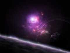 фиолетовое и черное пространство с яркой звездой и далеким объектом