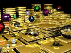 куча золотых слитков с драгоценными камнями