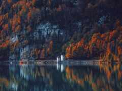 деревья меняют цвет на заднем плане, а лодка в воде