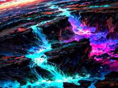 картина водопада с красочными огнями, текущими по нему