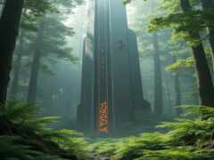 женская башня посреди леса со светящимся знаком