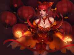 аниме, женщина, одетая в красное платье с красным головным убором и красным плащом