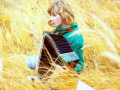 женщина, сидящая в поле с аккордеоном