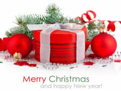 веселое рождество и счастливое новогоднее приветствие с красной подарочной коробкой и украшениями