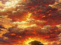 аниме-арт заката с деревом и человеком, гуляющим по пляжу