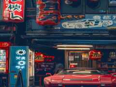 красный автомобиль припаркован перед зданием с неоновыми знаками