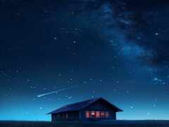 звездное ночное небо с домом и падающими звездами