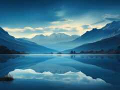 горы отражаются в озере с голубым небом