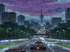 есть картина городской улицы с автомобилями, едущими по ней