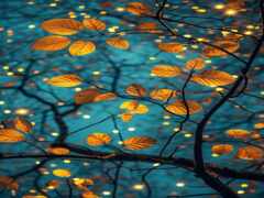 закрытие дерева с листьями и огнями на заднем плане