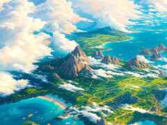 картина горного хребта с радугой в небе