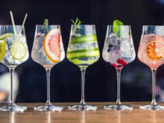 несколько различных видов коктейлей выстроились в ряд