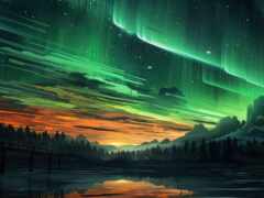 картина горы с зеленым полярным сиянием в небе