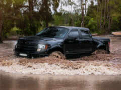 женщина-грузовик едет по затопленной реке с деревьями на заднем плане