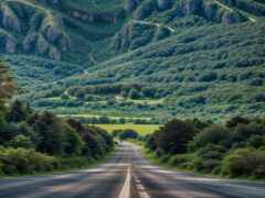 долгая дорога проходит через горы с деревьями