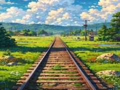 аниме-сценарии железнодорожного пути с видом на небольшой город