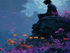 есть человек, сидящий на скале и смотрящий на небо