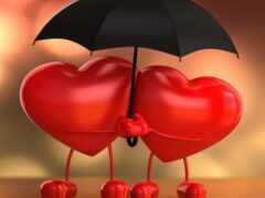 есть два сердца, которые держат вместе зонтик