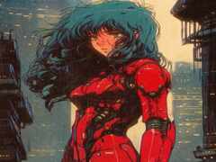 женщина в красном костюме, стоящая перед городом