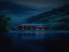 женский дом посреди озера ночью