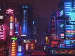 неоновые вывески зажигаются в городе ночью