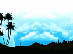 есть силуэт города с пальмами и самолетом, летящим в небе