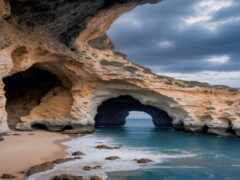 на пляже есть большая пещера с водоемом