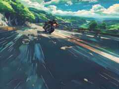 есть картина мотоцикла, едущего по горной дороге