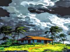 painting of a house on a grassy hill with palm trees