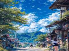 аниме-аниме-сценарий женщины, едущей на велосипеде по улице