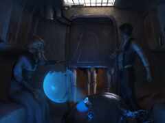 тускло освещенная комната с двумя фигурами в ней и окном