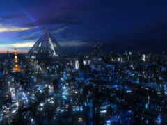 футуристический город ночью с небоскребами и радугой в небе