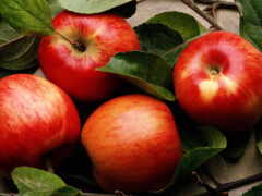 на столе четыре яблока с листьями на нем