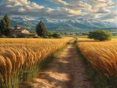 woman view of a field of wheat with a house in the distance