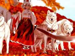 девушка с мечом и волками в поле из листьев