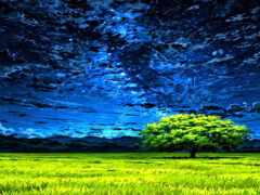 картина дерева в поле под звездным небом
