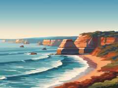 есть картина пляжа со скалой и океаном