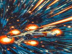 картина звездного бойца, летящего через галактику со звездами