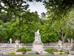 в парке много статуй с деревьями на заднем плане