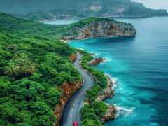 вид извилистой дороги на скале возле океана