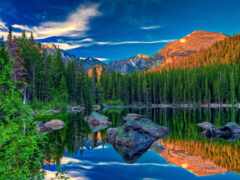 деревья и скалы отражаются в озере, окруженном горами