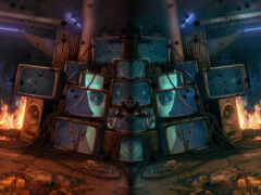 есть много телевизоров и динамиков в комнате с большим количеством мусора