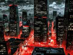 вид на город ночью с красным светом